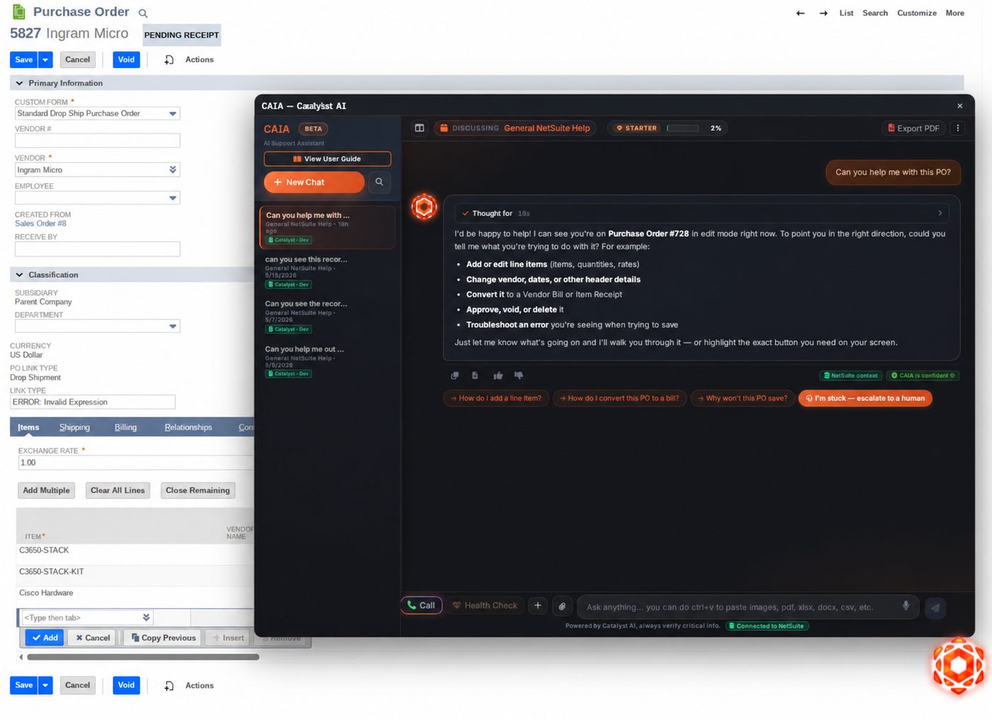 CAIA chat bubble open on a live NetSuite Purchase Order, answering questions about the record
