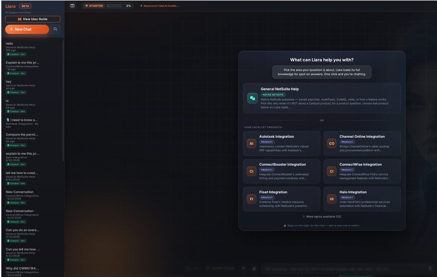 CAIA chat interface inside the Catalyst Dashboard, running a NetSuite account health check