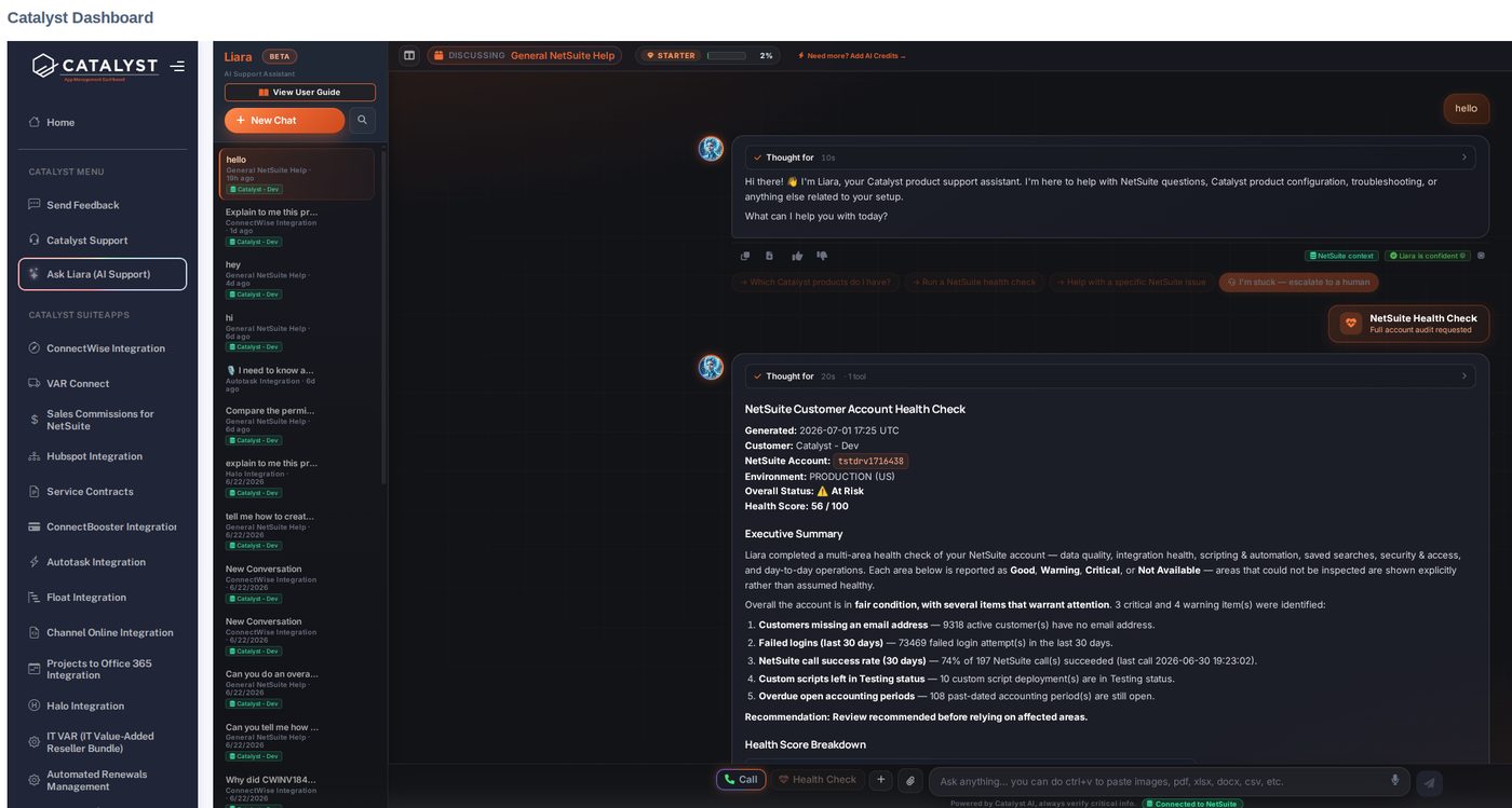 CAIA running a full NetSuite account health check in the Catalyst Dashboard
