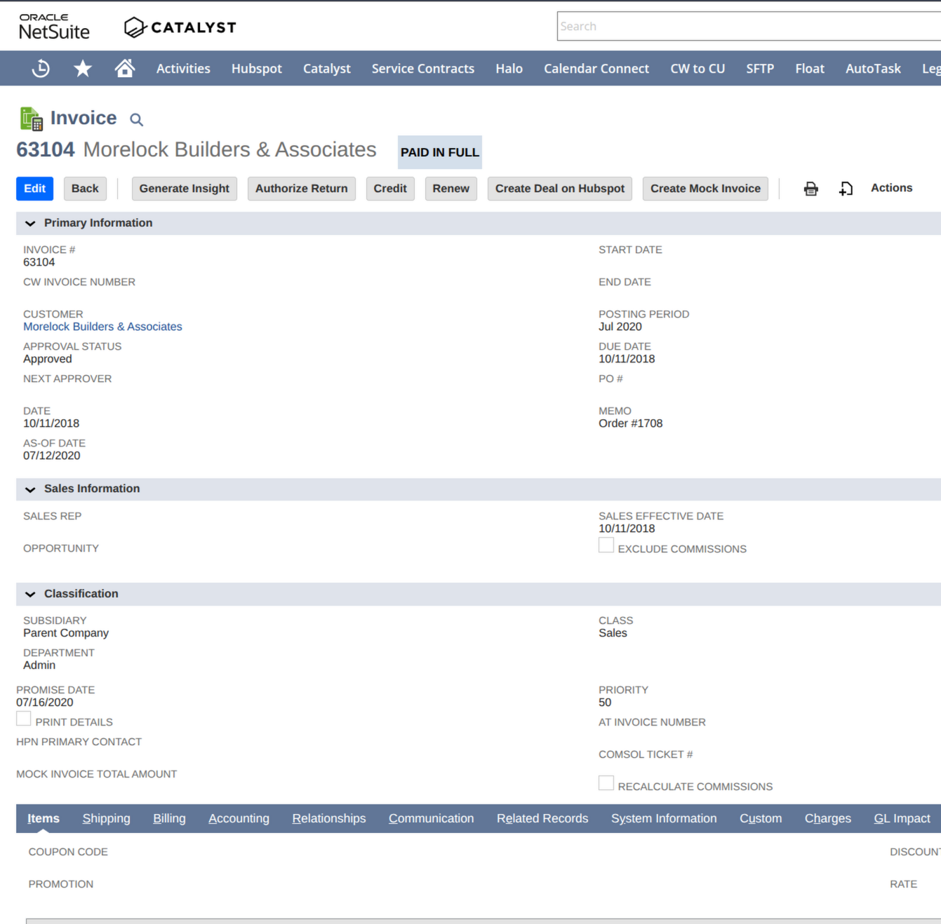 CAIA driving a live NetSuite invoice record